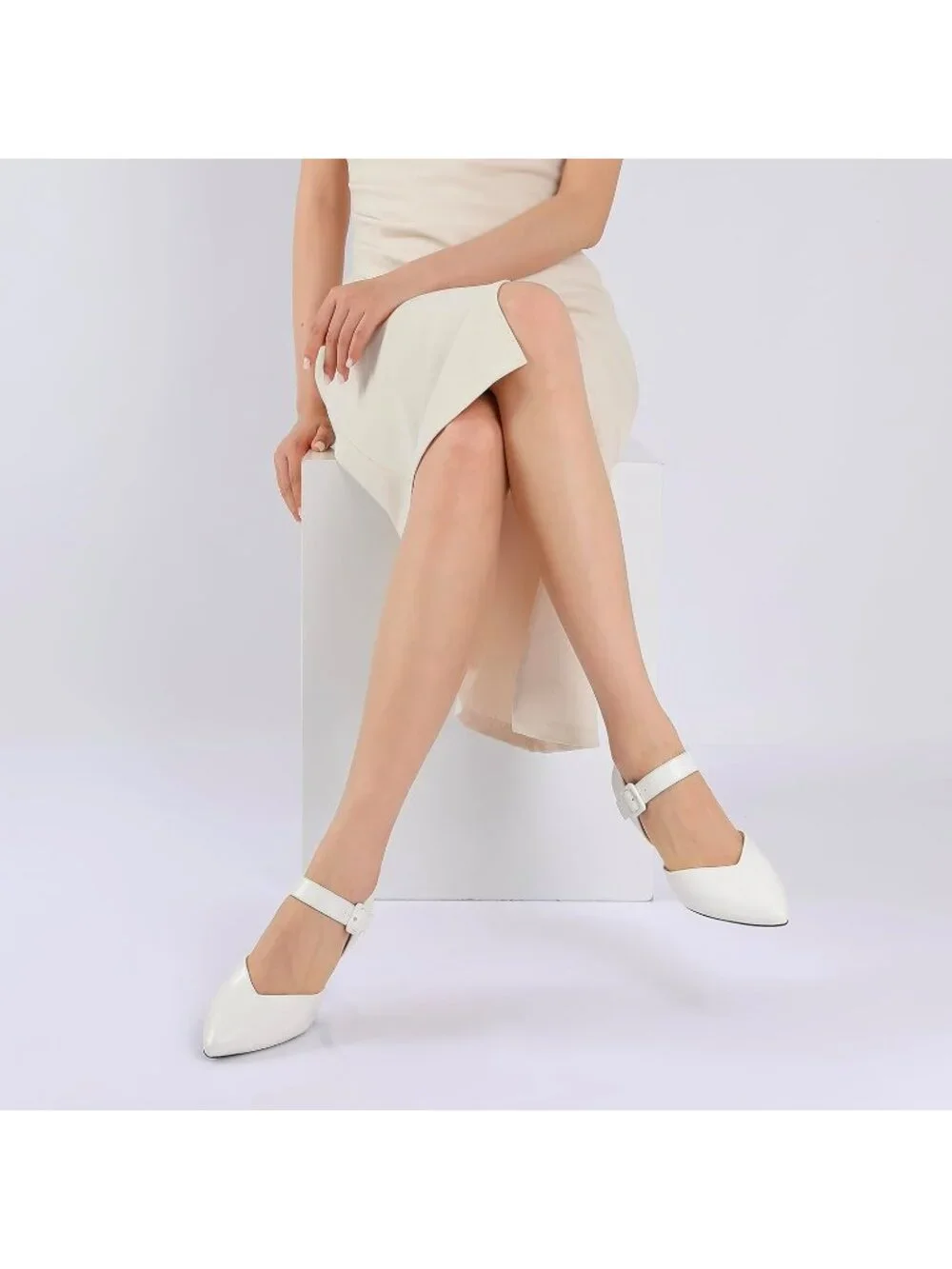 Women's White Closed Pointed Toe Ankle Strap Buckle Heels Slip on Low Heel Shoes